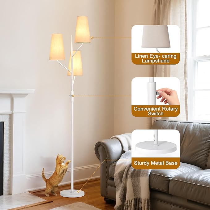 Industrial Floor Lamp for Living Room, 70" Tall 3-Light Tree Standing Lamp with White Pole, Farmhouse Rustic Reading Floor Lamps for Bedroom, Office and Study(Bulb Not Included)