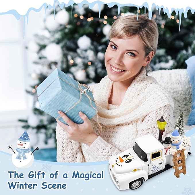 Let It Snow Winter Snowflake Decorations Farmhouse Metal Truck with Mini Snowman Xmas Tree Figurines Christmas Table Decorations Indoor Holiday Winter Tiered Tray Decor for Home Kitchen Party Favor