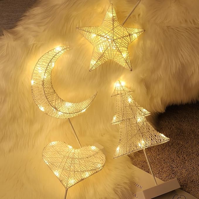 Decorative Table Lamp, Moon Shape Rattan Ramadan Desk Lamp Battery Powered Light, Winding Thread Warm LED Crescent Light Christmas Home Bedroom Romantic Bedside Desktop Nightstand Decoration, White