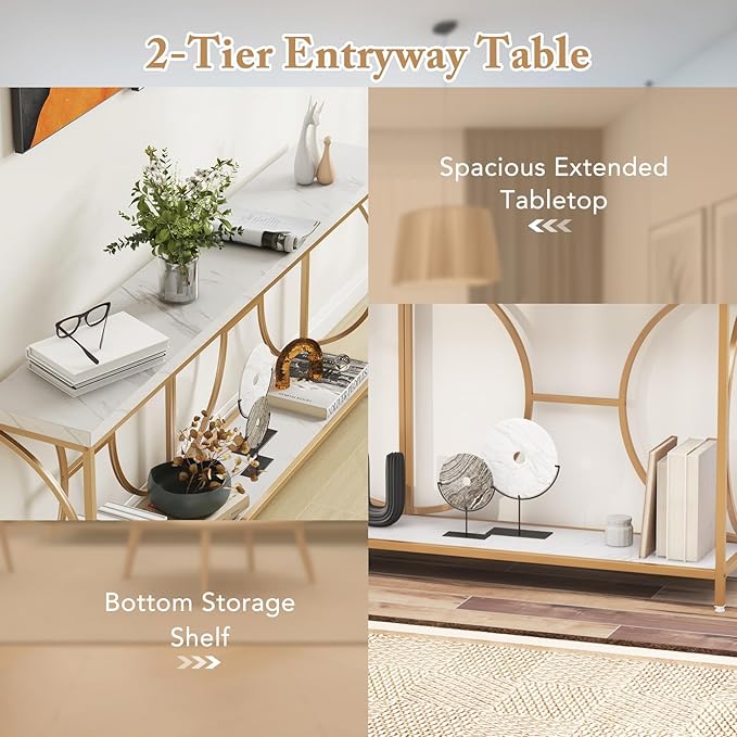 Giantex 71" Console Table, 2-Tier Extra-Long Gold Entryway Table w/Storage Shelf, Faux Marble Top, Narrow Sofa Table with Geometric Frame, Behind Couch Entry Table for Living Room, Hallway, Foyer