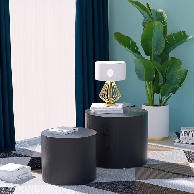 KEVINSPACE Coffee Table Nesting Tables Set of 2, Small Modern Round Coffee Table with Non-Slip Feet, Wooden Circle Accent Tables for Small Spaces Living Room Bedroom Balcony Drum Side Table Black