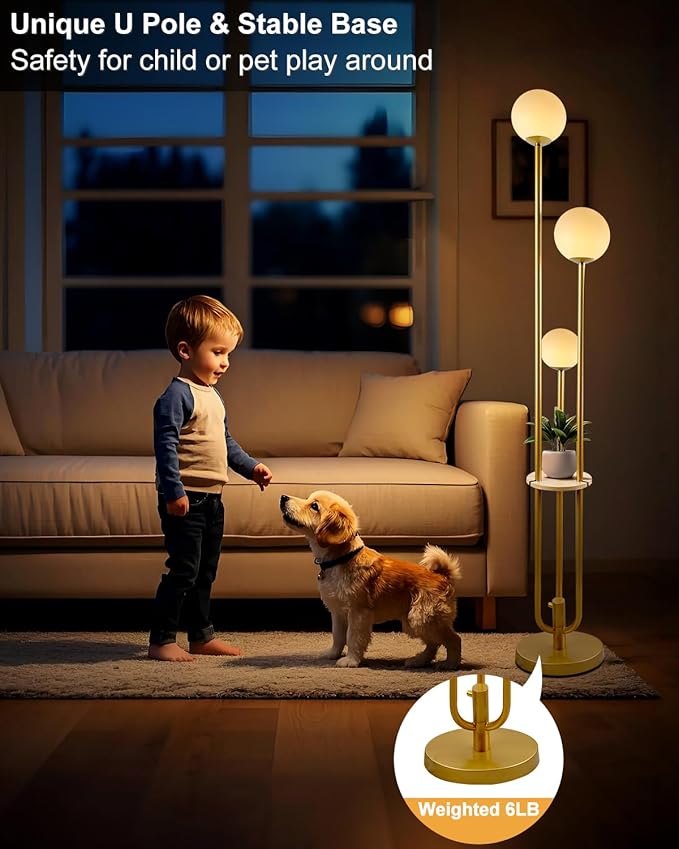 Lightdot Gold Globe Floor Lamp 3-Lights Dimmable Floor Lamps with Tray 3000K Bulbs Included Unique Floor Lamp Candle Holder Style Modern Standing Lamps for Living Room/Bedroom
