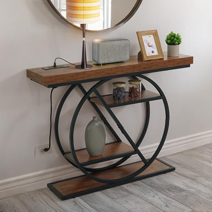 CAPHAUS 41” Unique Design 4-Tier Industrial Thick Sofa Console Table w/Storage & Charging Station, Entrance Tableau w/ 2 Outlets, USB & Type-C Ports for Living Room, Hallway, Rustic, Hourglass