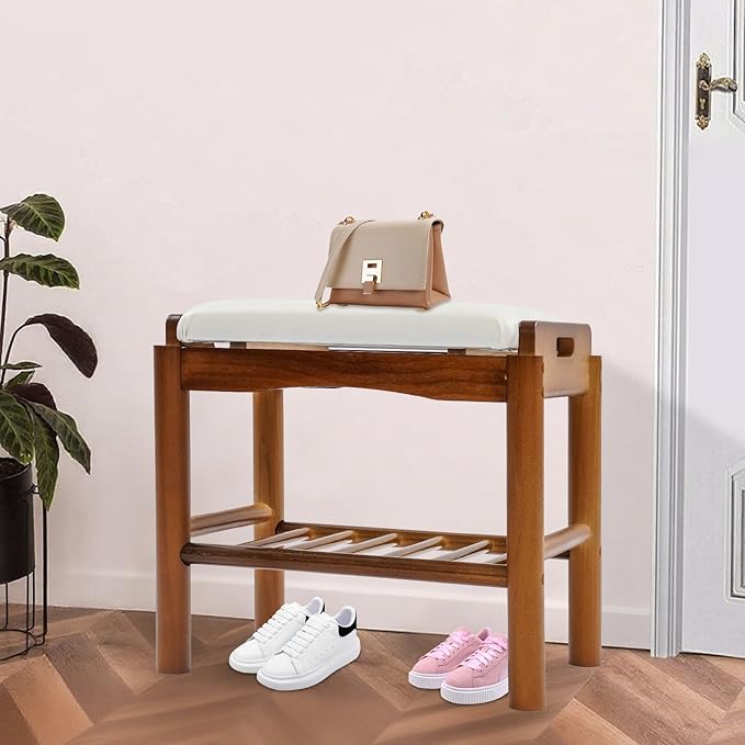 Eapmic Shoe Bench with Cushion, 2-Tier Bamboo Shoe Rack Bench, Entryway Shoe Storage Organizer with Compartment, Wooden Shoe Storage Bench for Hallway, Living Room, Closet, Bedroom (Walnut Color)
