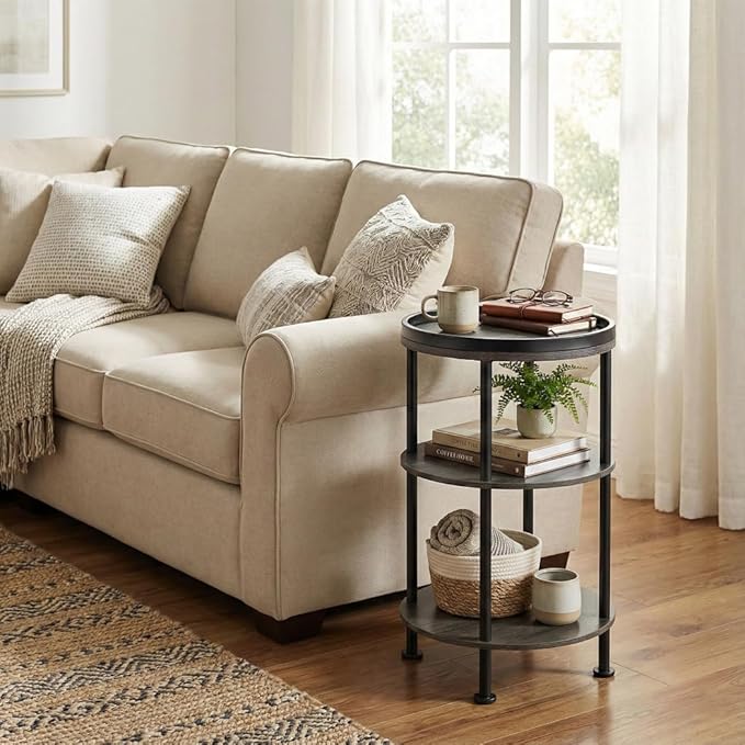 Small Round Side Table, Rustic Grey End Table with Tray Top, 3-Tier Greige Nightstand for Living Room & Bedroom, 11.8" Narrow Corner Table, 21.7" H Industrial Accent Furniture for Small Spaces, Grey