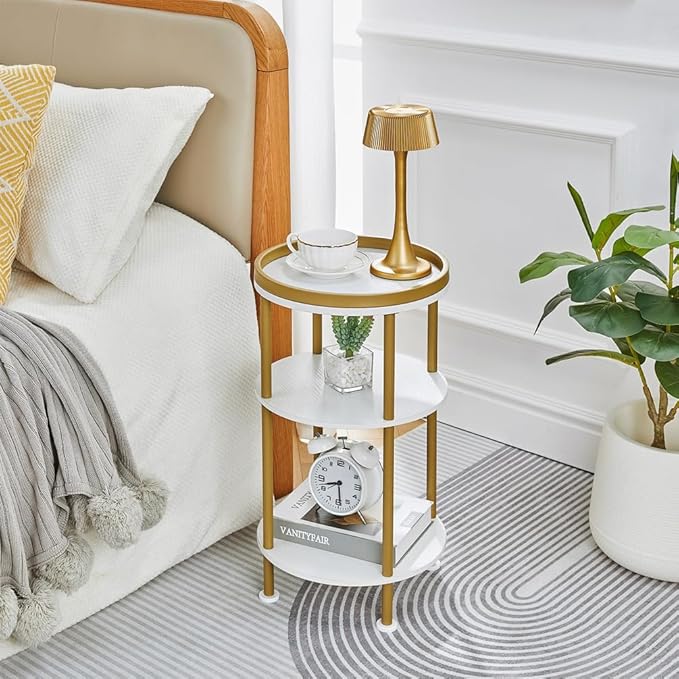 Small Round Side Table, Gold Round End Table with White Shelves, 3-Tier Modern Nightstand for Bedroom & Living Room, 21.7" H Narrow Gold Accent Table for Small Spaces, Dorm, Nursery (White & Gold)