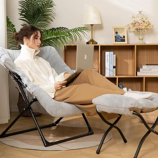 HollyHOME X-Large Saucer Chair with Foldable Ottoman, Comfy Oversized Folding Chair and Folding Footrest Stool Set, Faux-Fur Reading Chair and Footstool for Living Room, Bedroom, Grey Chair&Stool