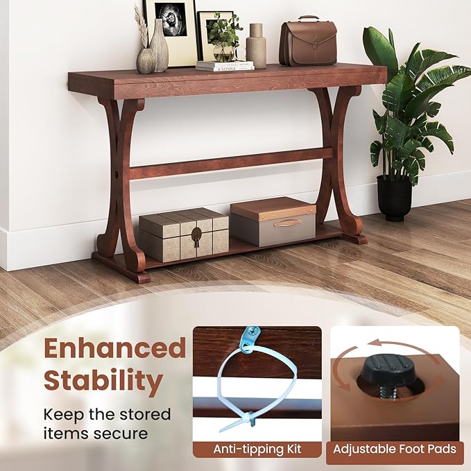 Giantex 52" Narrow Console Table, Vintage Accent Entryway Table with Open Storage Shelf, Long Wooden Behind Couch Sofa Table with Anti-tip Kit for Small Spaces Living Room Hallway (Walnut)