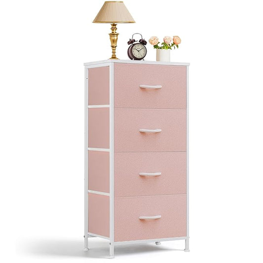 Nightstand, 4 Drawer Dresser End Table Bedside Furniture with Wooden Top Steel Frame Fabric Bins for Bedroom, Closet, Entryway, Dorm, Living Room, Pink
