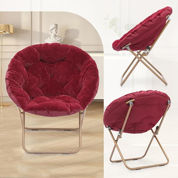 Athena Collection Comfy Saucer Chair Folding Cozy Chair for Bed Room Living Room Accent Chair Faux Fur Reading Chair Foldable Metal Frame Lazy Chair Moon Chair for Adult Set of 2, Red
