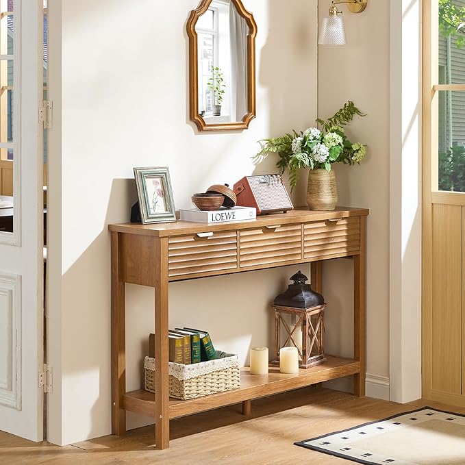 LEYAOYAO Fluted 47.2" Console Table with 3 Drawers, Modern Wood 2 Tier Entryway Table with Open Storage Shelf, Boho Sofa Entry Tables Behind Couch for Living Room, Hallway, Entrance Foyer, Tea Brown