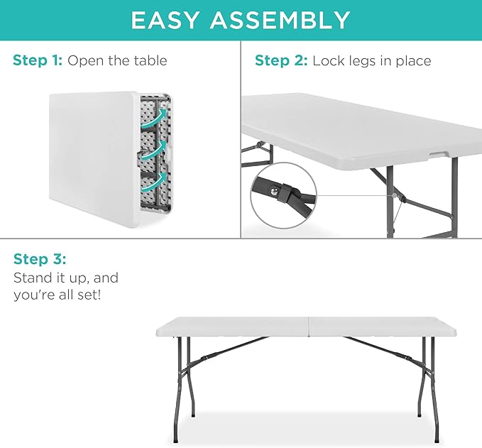 Best Choice Products 6ft Plastic Folding Table, Indoor Outdoor Heavy Duty Portable w/Handle, Lock for Picnic, Party, Camping - White