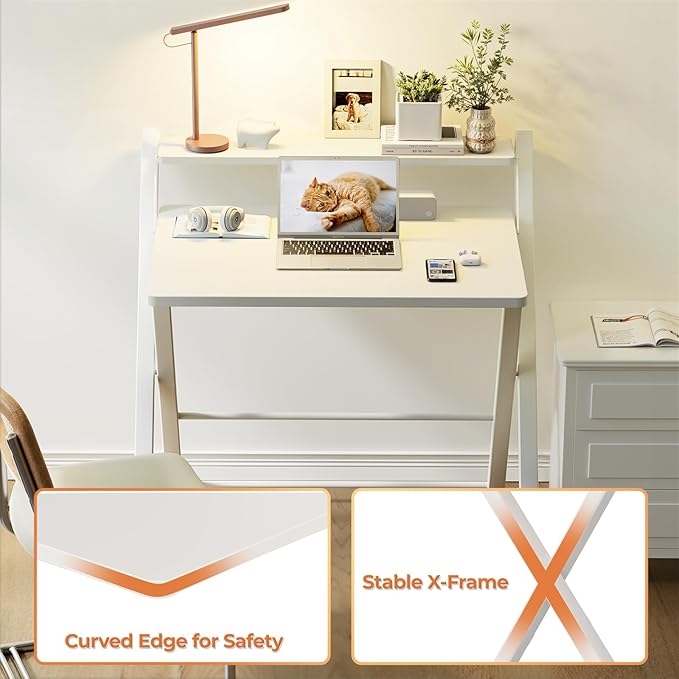 GreenForest Folding Desk No Assembly Required Large Size, 2-Tier Foldable Computer Desk with Shelf for Home Office, Space Saving Portable Laptop Study Foldable Table for Bedroom, White