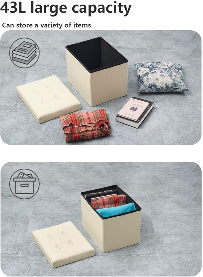 Storage Ottoman, Folding Foot Stool with Thicker Foam Padded Seat Small Leather Storage Ottoman Bench Foot Rest for Living Room Foldable Coffee Table 17x13x13in,Beige