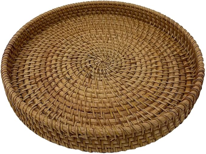 Hand Woven Rattan Serving Basket 8.7 inch - Round Platter for Fruit, Snacks, Appetizers, Bread, Breakfast, BBQs, Parties - Decorative Tray for Living Room, Kitchen, Dining Decor (Small)