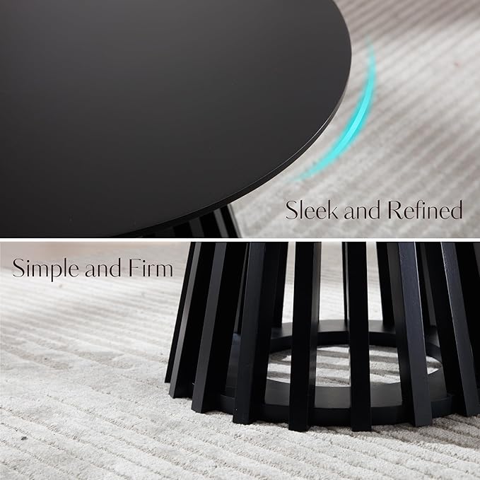 LukeAlon 24" Round Coffee Table, Mid Century Modern Wooden Center Table with Columnar Wood Strips Base Sofa Side Table Circle Tables for Living Room Small Space, Black