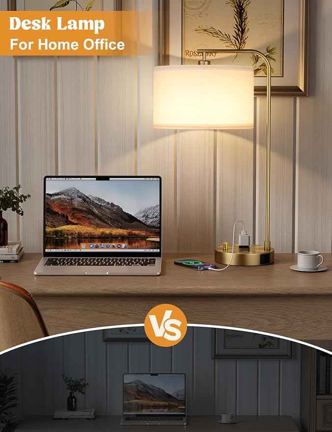 Gold Table Lamp with USB Port and Outlet, Dimmable Nightstand Bedside Lamps with Linen Lampshade, Desk Lamp for Bedroom, Living Room, Guest Room, Home Office, LED Bulb Included