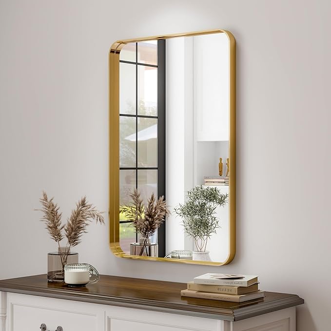 30 x 22 Inch Gold Bathroom Mirror for Wall,Aluminum Alloy Frame Rectangular Wall Mounted Mirror for Farmhouse Decor Horizontal or Vertical Ideal for Bedroom, Living Room