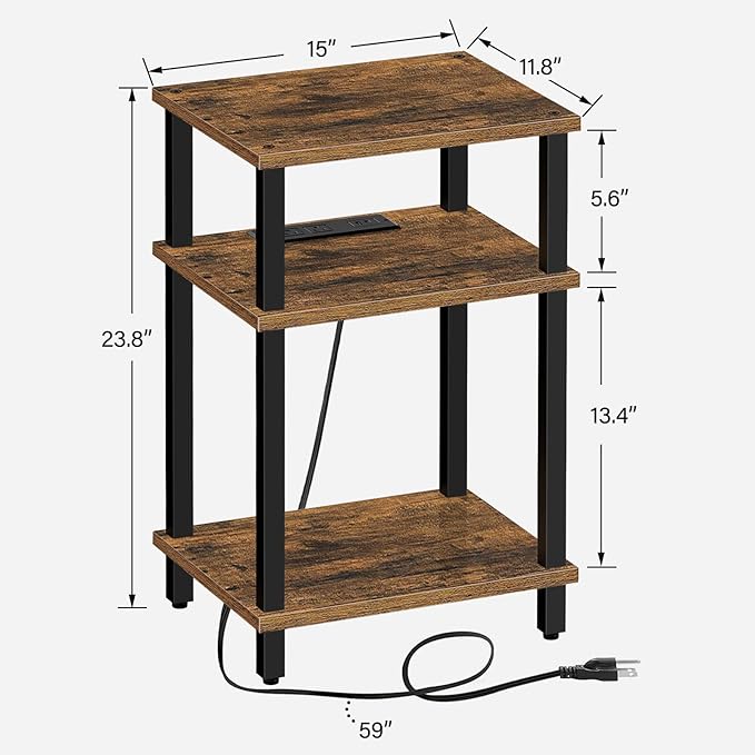 TUTOTAK End Table with Charging Station, Side Table with USB Ports and Outlets, Nightstand, 3-Tier Storage Shelf, Sofa Table for Small Space TB01BB042