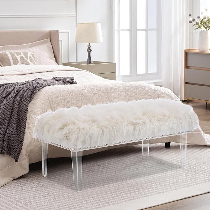Modern White Faux Fur Ottoman Bench - Upholstered Furry Bench with Acrylic Legs for Bedroom, Living Room, Entryway, Vanity or Bed End