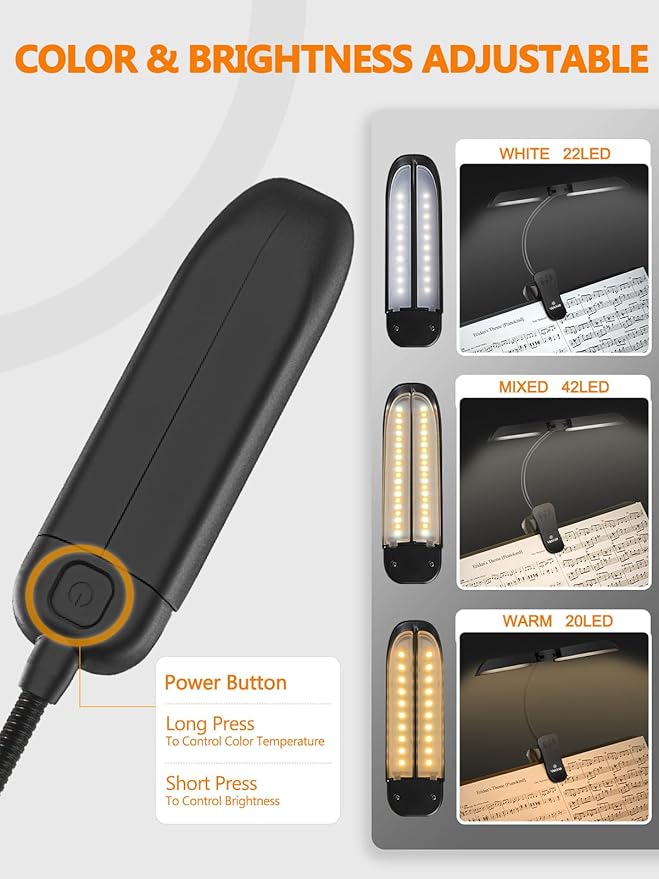 Vekkia Folding Music Stand Light - Portable 42 - Led Rechargeable, Super - Bright Clip - on Piano Lamp. Professional 5 Brightness×3 Color Temperature, for Grand Piano, Book Reading
