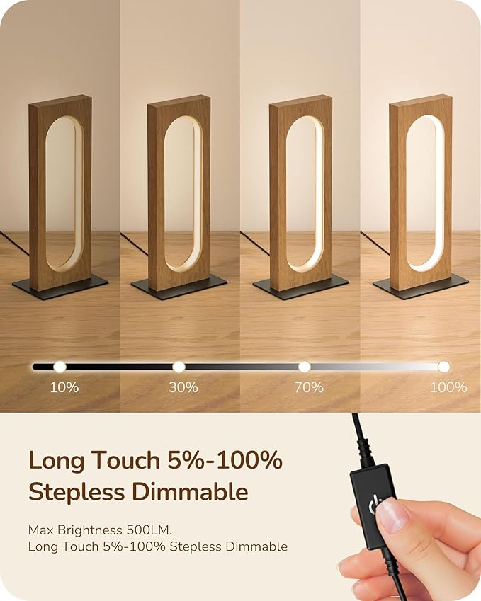 EDISHINE LED Table Lamp, Wooden Bedside Lamp with 3 Color Temperatures & Dimmable, Touch Control Square Nightstand Lamp for Bedroom Living Room, Memory Function, Dark Pearwood Color