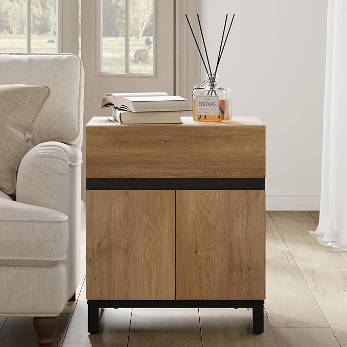 WAMPAT Modern End Table with 1 Drawer & 1 Storage Cabinet, Farmhouse Sofa Table with 2 Open Door, Wood Rustic Side End Table for Living Room, Nighstand for Bedroom, Oak