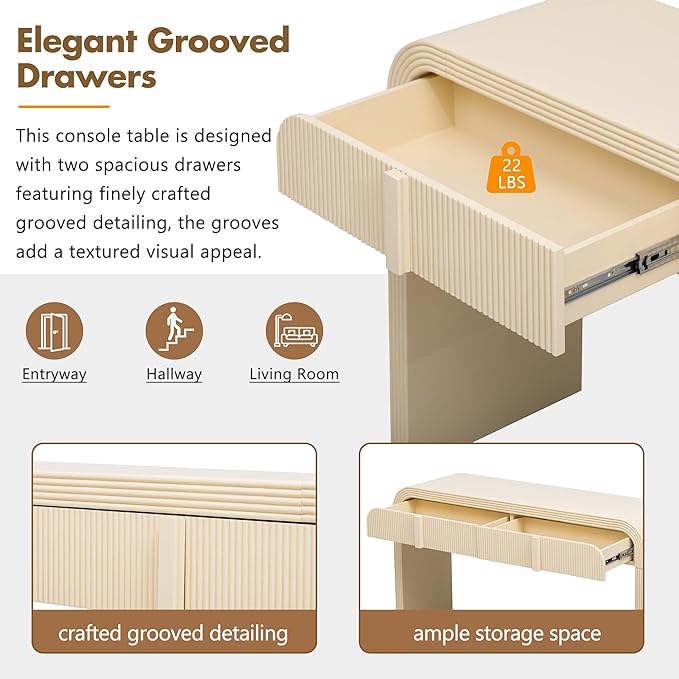 kevinplus 55'' Modern Console Table Sofa Table Entryway Table with 2 Drawers for Living Room, Contemporary Wood Console Table Sofa Table Sturdy Construction for Living Room, Apricot Cream/Wood