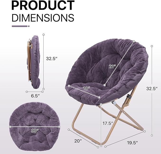 Athena Collection Comfy Saucer Chair Folding Cozy Chair for Bed Room Living Room Accent Chair Faux Fur Reading Chair Foldable Metal Frame Lazy Chair Moon Chair for Adult, Purple