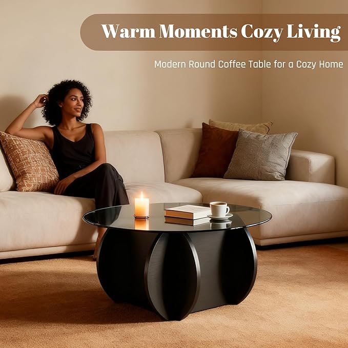 Honyee Round Glass Coffee Table, 30.7" Small Coffee Table with Tempered Glass Top and Wood Grain Base, Modern Circle Coffee Table for Living Room, Easy Assembly, Black