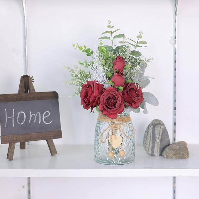 Faux Flowers with Vase,Artificial Silk Roses in Vase, Fake Plant Eucalyptus Flower Arrangement for Home Office Farmhouse Bathroom Dining Table Centerpiece Decorations Coffee Table Decor (Burgundy)