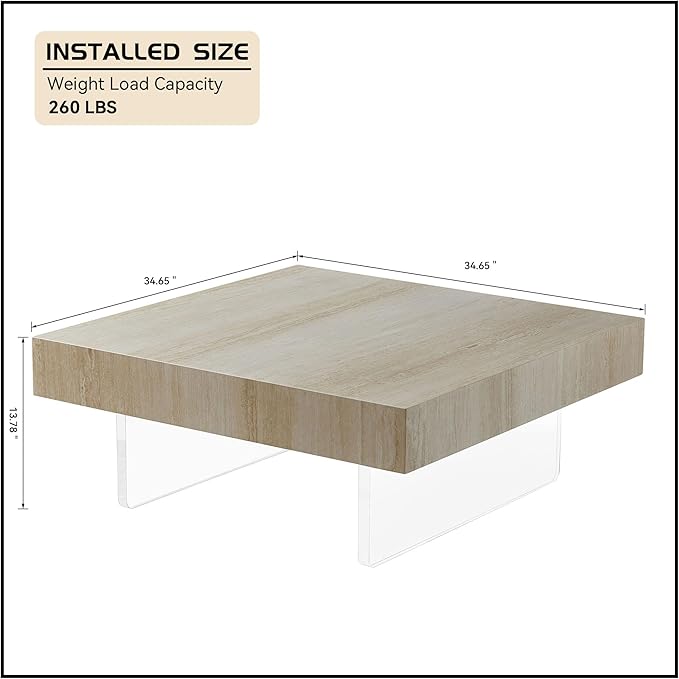 WILLIAMSPACE 34.65" Square Coffee Table with Faux Travertine Pattern & Acrylic Legs, Modern MDF Drum Center Table End Table Accent Side Table for Living Room, Easy Assembly