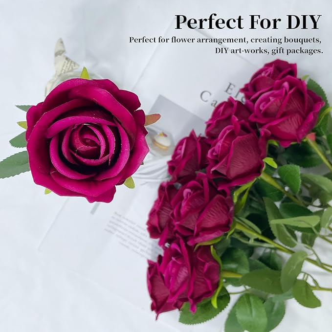 10 PCS Artificial Roses with Long Stems Silk Flowers Realistic Foam Flowers Fake Roses for Valentine's Day Home Wedding Halloween Decor(Rose Red)