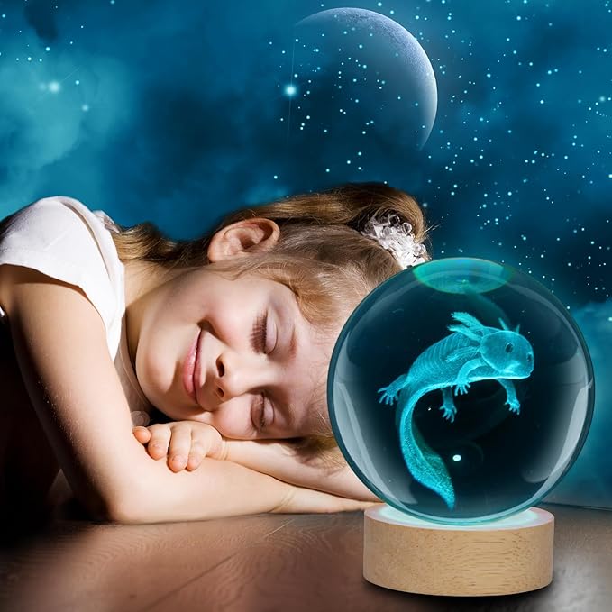 Axolotl Night Light,3.15 inch 3D K9 Crystal Ball Axolotl Lamp with Wooden Base,16 Colors Change,Remote Control,Color Box,Birthday Christmas Gift