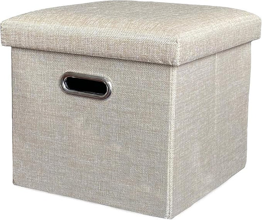 12 Inches Folding Ottoman with Storage Linen Fabric Foot Stool Storage Thick Sponge Padded Seat Ottoman for Bedroom Living Room(Beige)