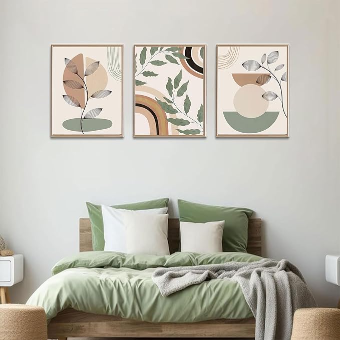 3 pcs Boho Canvas Wall Art Green Sage Botanical Painting Wall Decor Pictures Mid Century Modern Minimalist poster print for Living Room Bedroom Bathroom Home Decoration UnFramed
