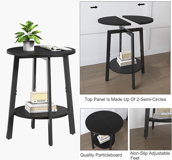 Side Table, Small Round End Table with Storage Shelf for Small Space, 2-Tier Black Bedside Table Sofa Couch Table, Round Accent Table Nighstands for Living Room, Bedroom, Black