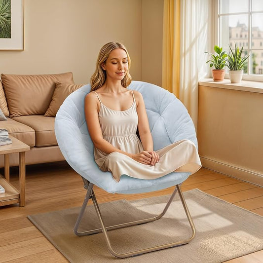 Athena Collection Comfy Saucer Chair Folding Cozy Chair for Bed Room Living Room Accent Chair Faux Fur Reading Chair Foldable Metal Frame Lazy Chair Moon Chair for Adult Set of 2, Blue