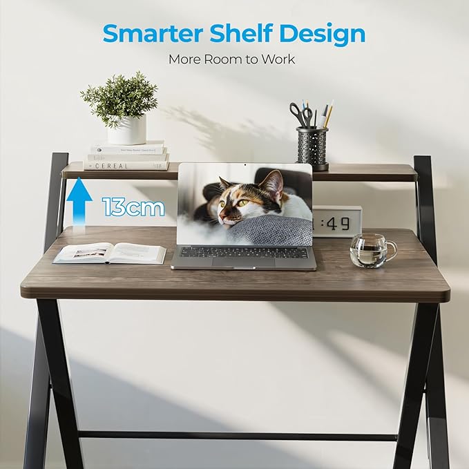 GreenForest No Assembly Folding Desk, 2-Tier Compact Computer Desk with Shelf, Space Saving Foldable Table for Home Office, Dorm or Apartment, Portable Collapsible Sturdy Laptop Desk, Brown