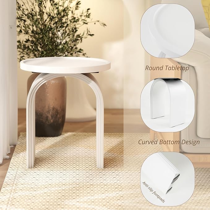 Round Side Table, Modern White Wood End Table with Sturdy Base, Small Drink Table for Living Room, Bedroom and Small Spaces