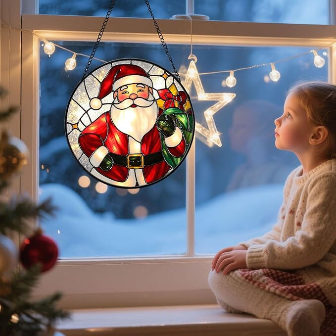Christmas Stained Glass Window Hanging Sun Catcher, Santa Claus Suncatcher for Window Ornament, Festive Wall Art Decor Christmas Xmas Gift for Women, Men (Red Santa, 6.3'')