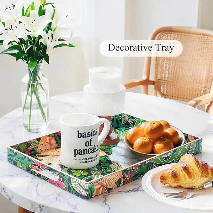 Zosenley Rectangular - Decorative Plastic Tray with Handles Modern Vanity Serving for Ottoman, Coffee Table, Kitchen and Bathroom 13.8 x 9.84 Inch (Morris Green)