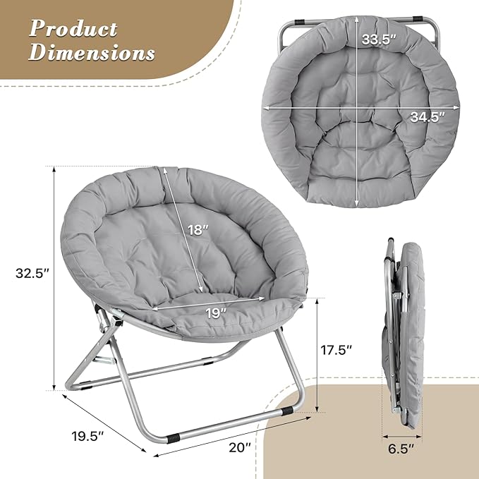 Athena Collection Comfy Saucer Chair Folding Cozy Chair for Bed Room Living Room Accent Chair Fabric Reading Chair Foldable Metal Frame Lazy Chair Moon Chair for Adult, Gray