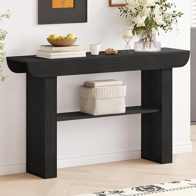 55-Inch Black Entryway Table, Modern Console Tables 3-Tier Couch Table Behind Sofa Narrow Wood Sofa Table Foyer Tables for Entryway, Living Room, Hallway