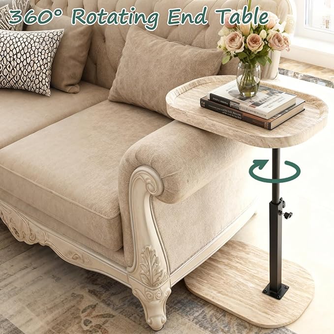 Adjustable C Shaped Side Table, C Table End Tables with Wheels for Sofa, 360° Swivel Sofa Tables for Livingroom,Bedroom,Study and Small Spaces (All White)