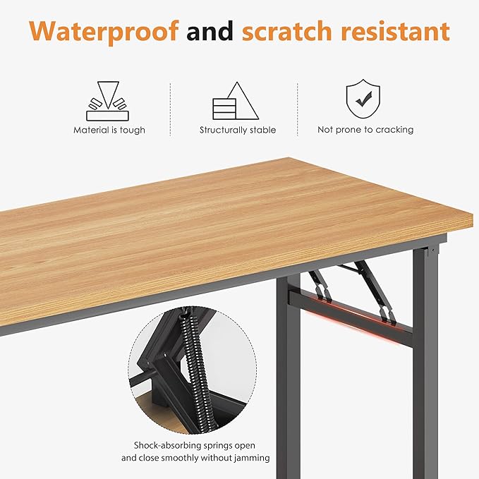 SDHYL 62 inches No Assembly Foldable Computer Desk for Home Office Workstation, Modern Study and Writing Folding Table with Metal Frame, Teak and Black