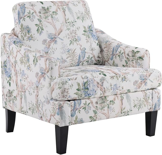 Bezseller Floral Accent Chair, Upholstered Reading Armchair with Wood Legs, Mid-Century Leisure Comfy Single Sofa Chair for Living Room, Bedroom, Home, Office, White Floral