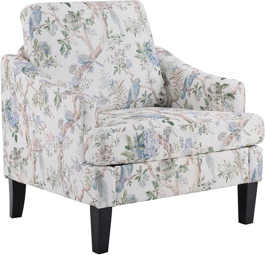 Bezseller Floral Accent Chair, Upholstered Reading Armchair with Wood Legs, Mid-Century Leisure Comfy Single Sofa Chair for Living Room, Bedroom, Home, Office, White Floral