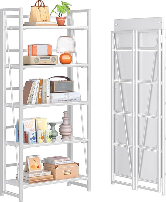 4NM No Assembly Folding Bookshelf, 5-Shelf 62.2" H Collapsible Foldable Bookcase Storage for Small Spaces, All White