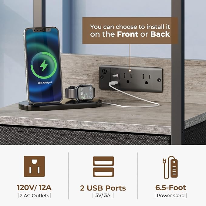 Seventable Nightstand Set of 2 with Charging Station, Bedside Table with LED Lights, Night Stand with 2 Fabric Drawers, 3-Tier Storage End Table for Bedroom, Greige